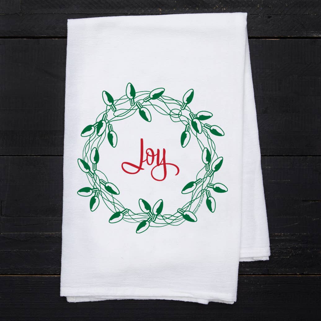 Christmas Tea Towel - Lightbulb Wreath - Joy, Delivered